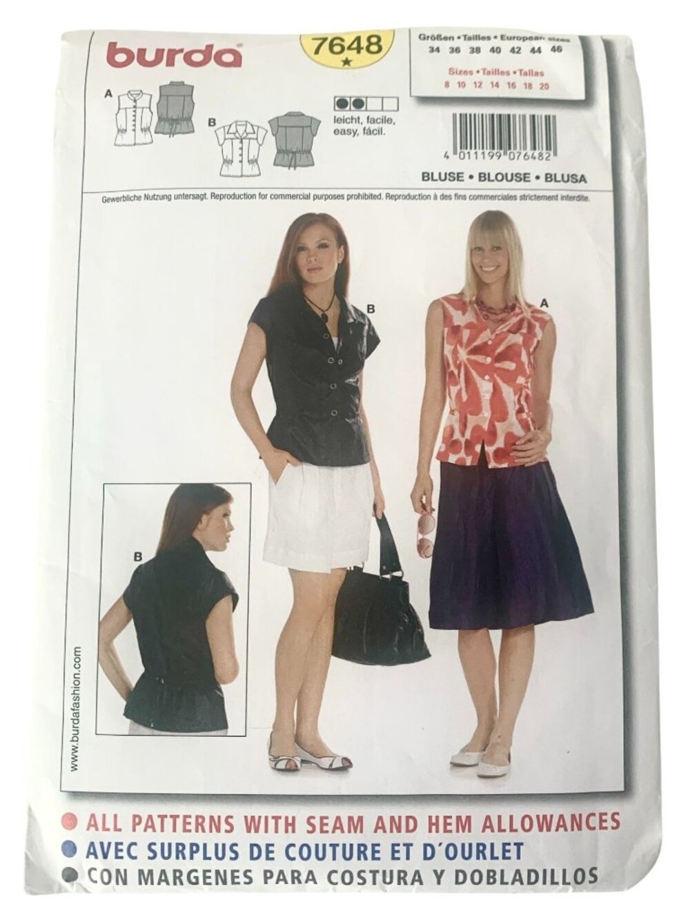 Burda 7648 Pattern Misses Sleeveless Blouse Top Shirt Size 8 10 12 14 16 18 20